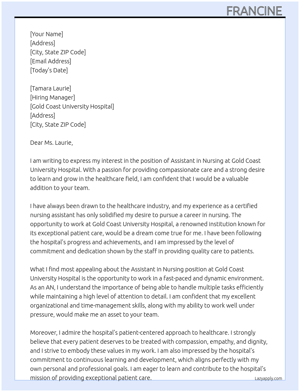 assistant in nursing At Gold Coast university Hospital Cover Letter