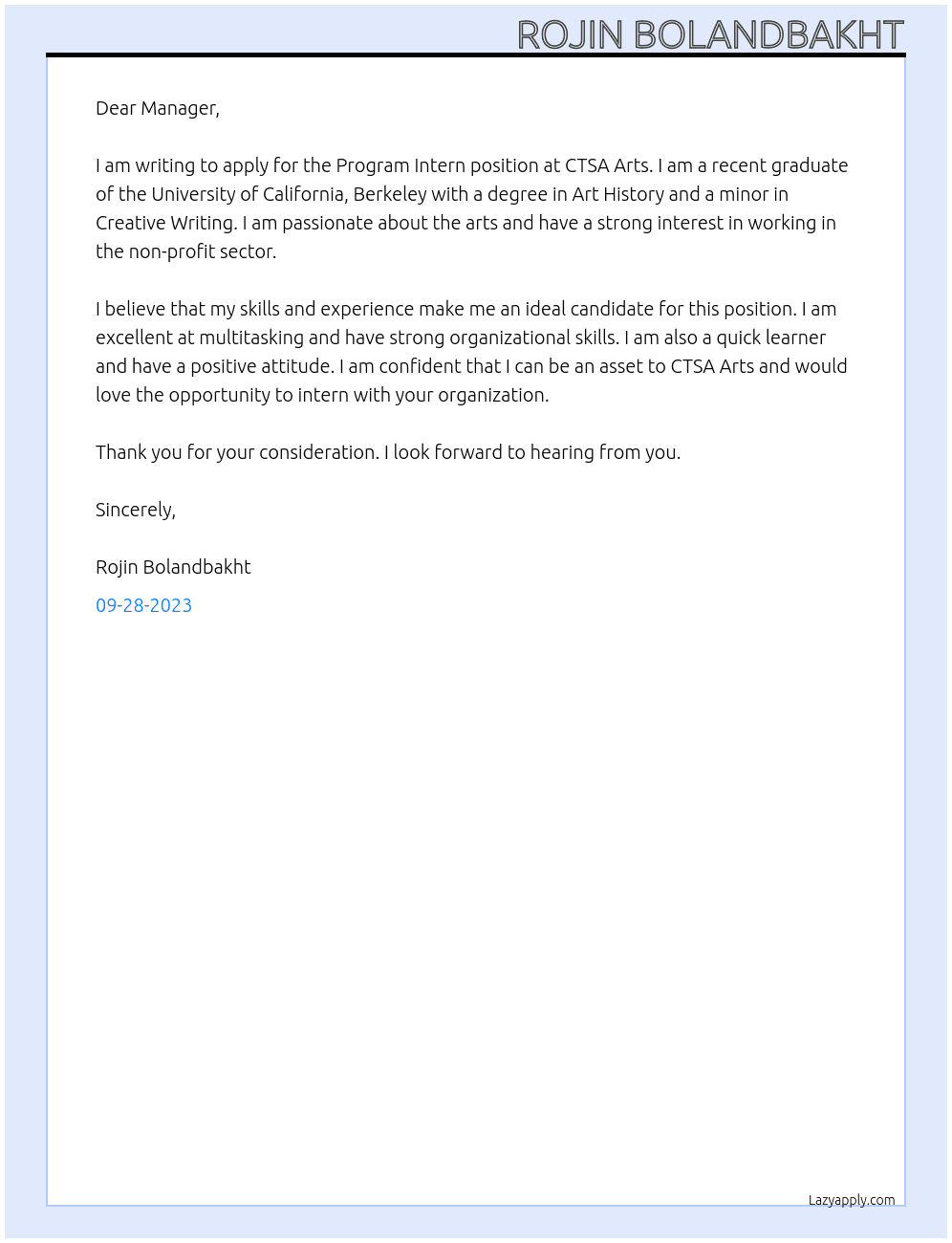 Program Intern At CTSA Arts Cover Letter