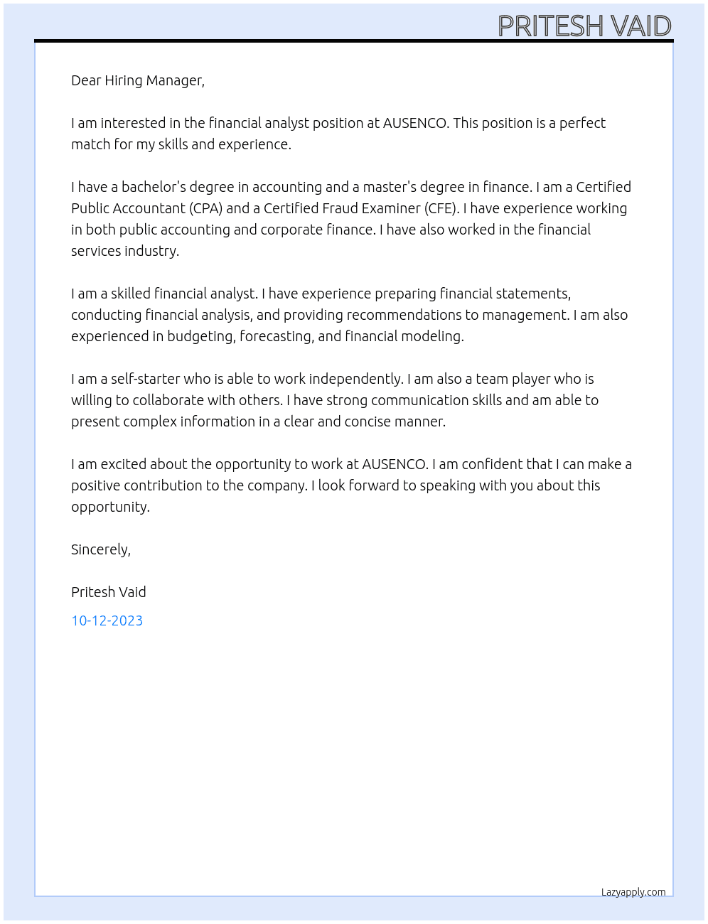 Financial Analyst At AUSENCO Cover Letter