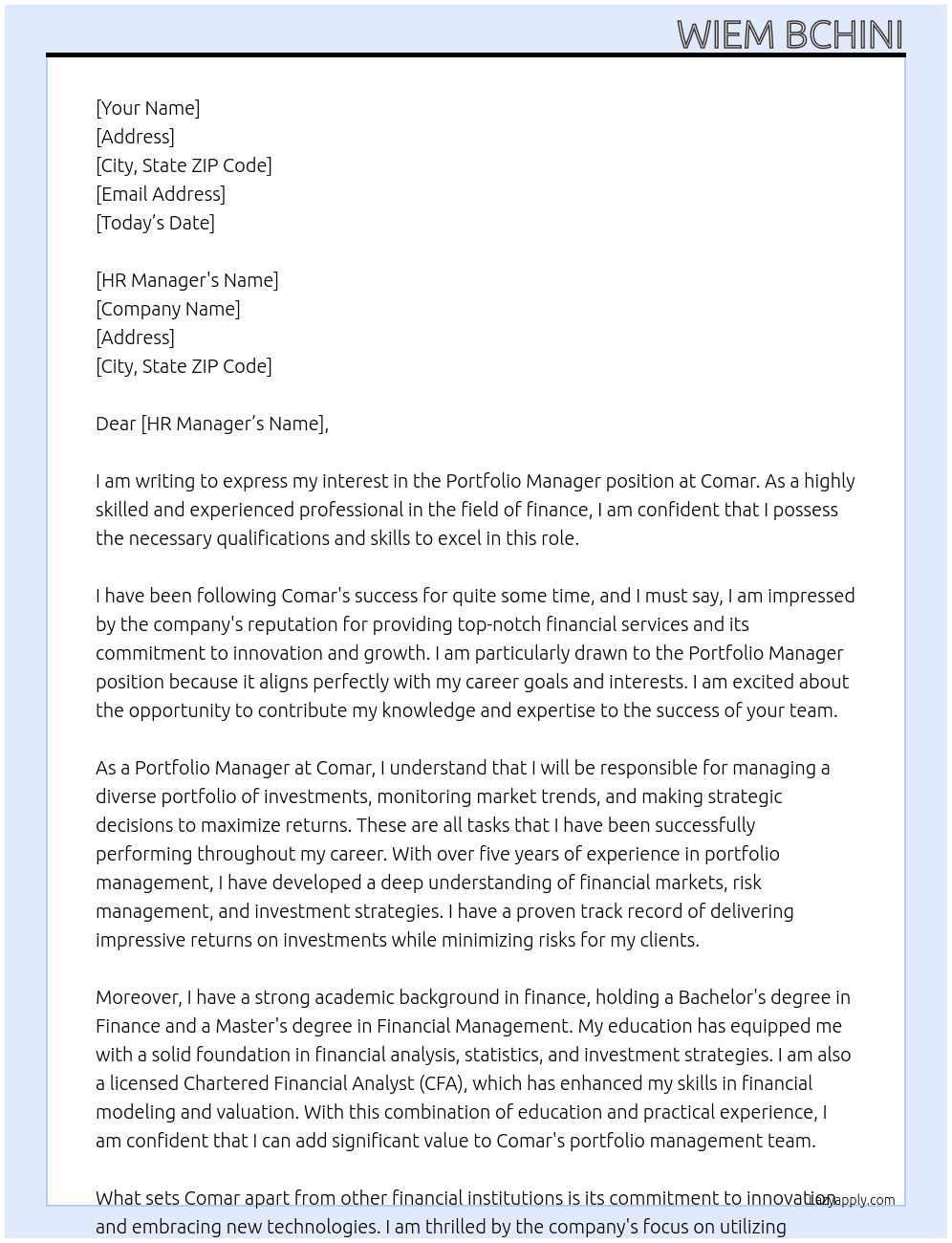 portfolio manager At comar Cover Letter