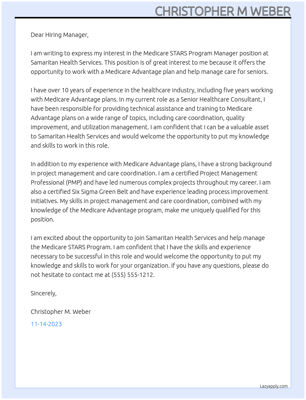 Medicare STARS Program Manager At Samaritan Health Services Cover Letter