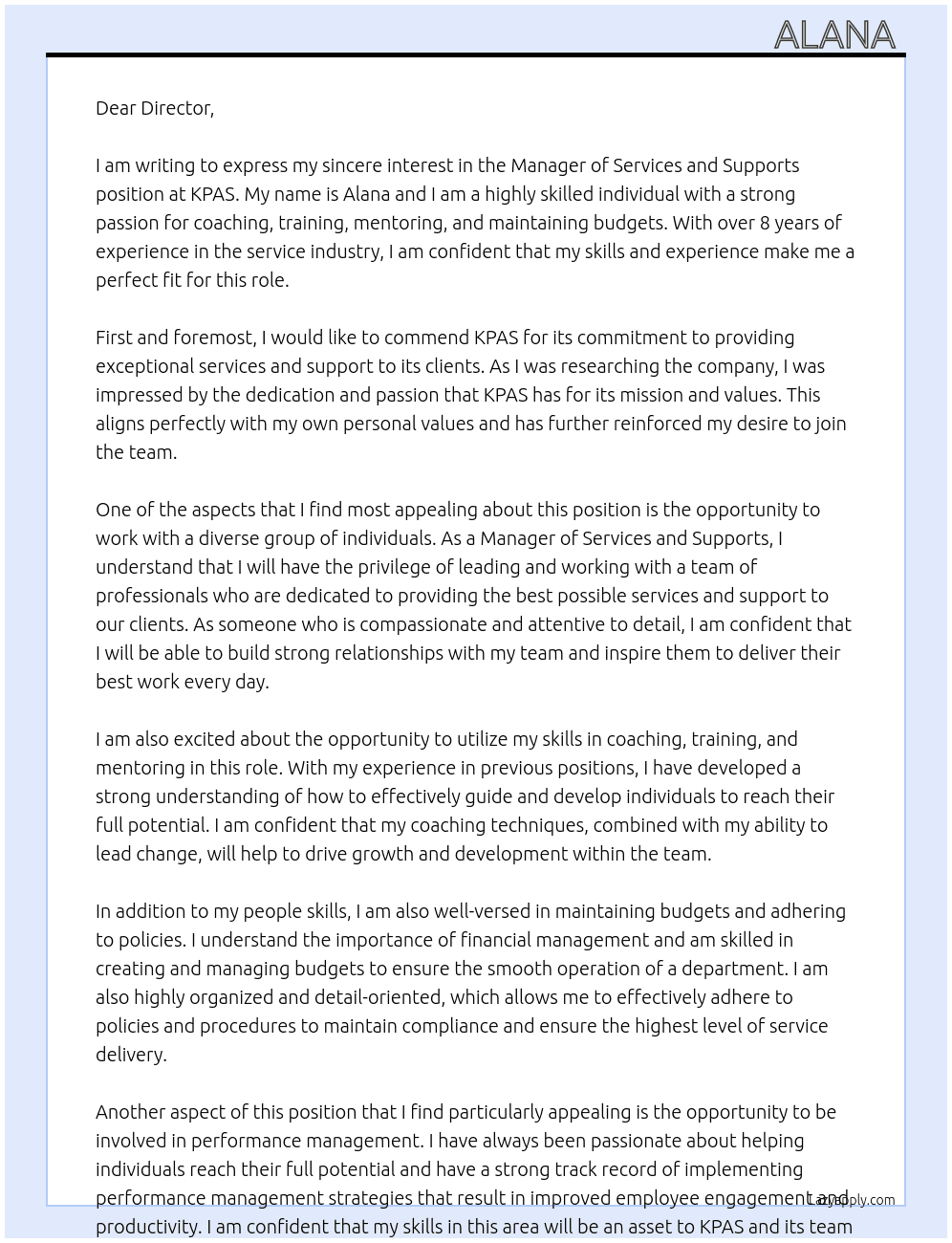 Manager services and supports  At KPAS  Cover Letter