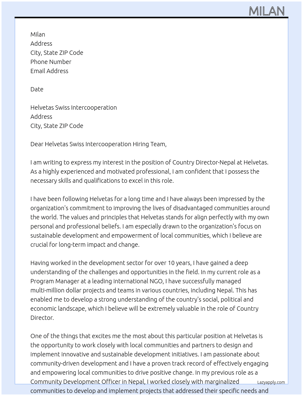 Country Director-Nepal At Helvetas Cover Letter