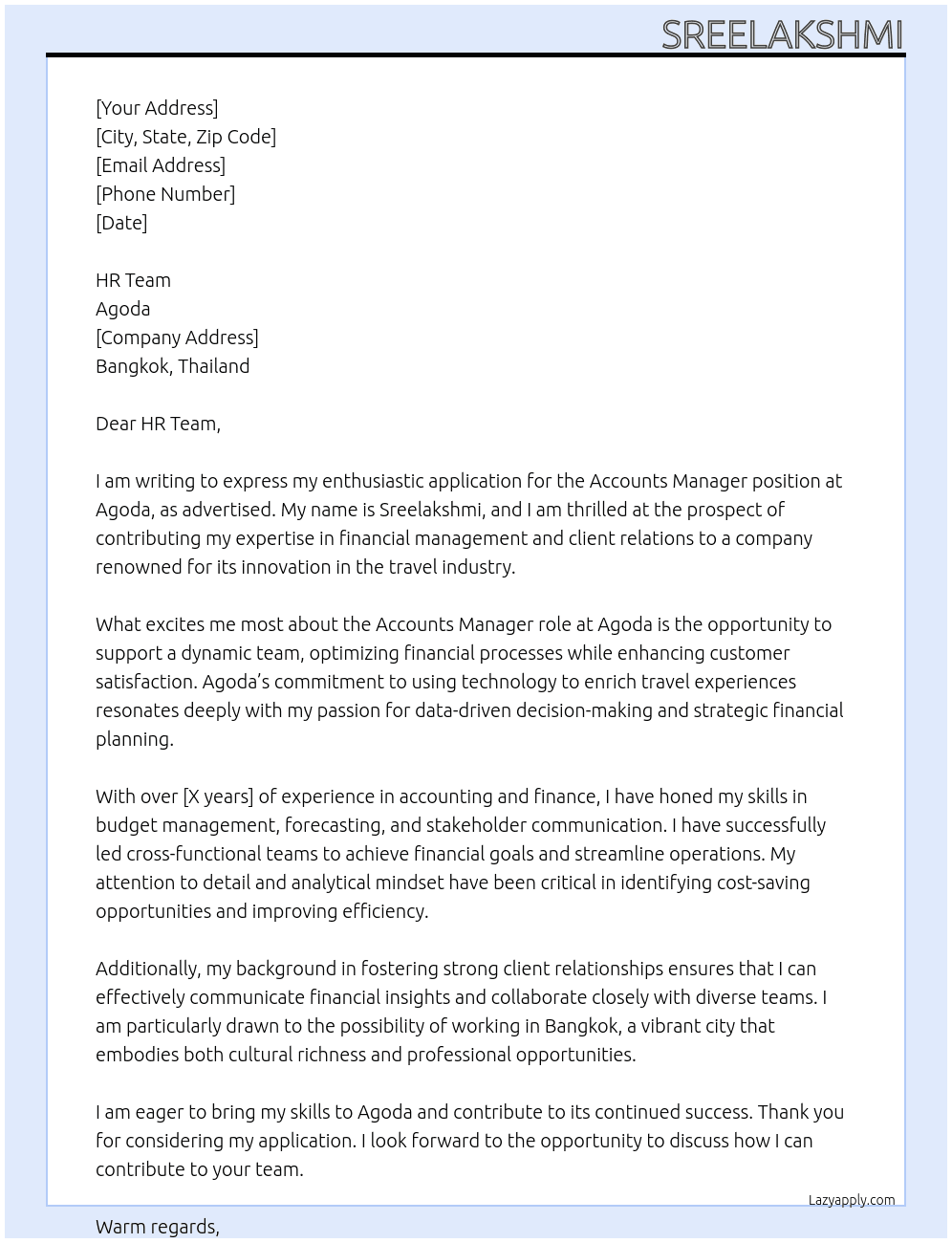 Accounts Manager  At Agoda Cover Letter
