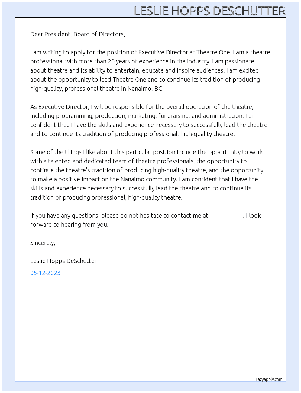 Executive Director At Theatre One Cover Letter