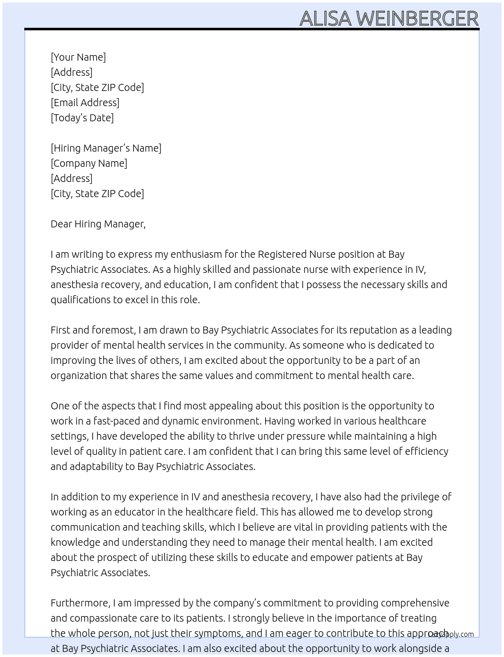 Registered Nurse At Bay Psychiatric Associates Cover Letter
