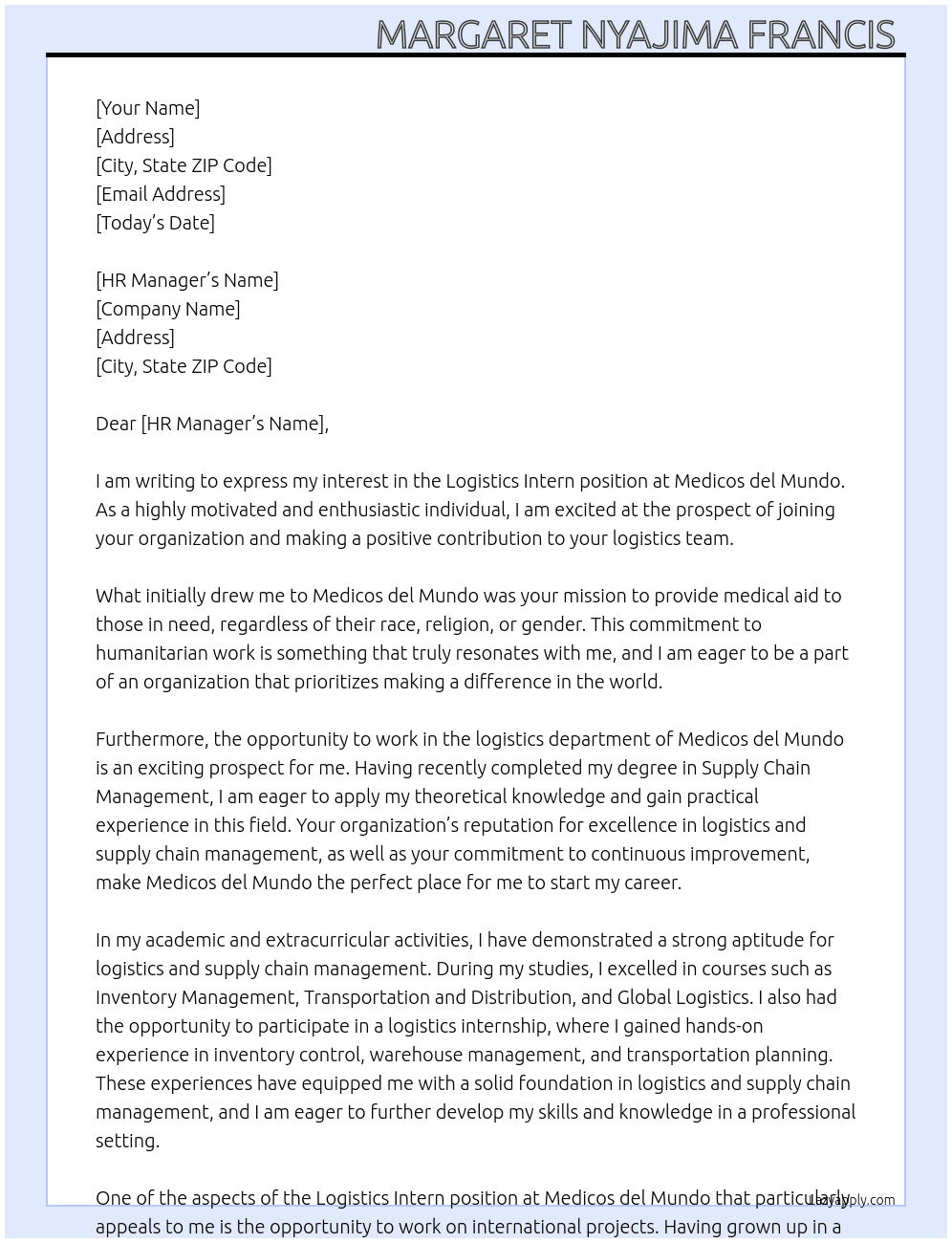logistics intern At medicos del mundo Cover Letter