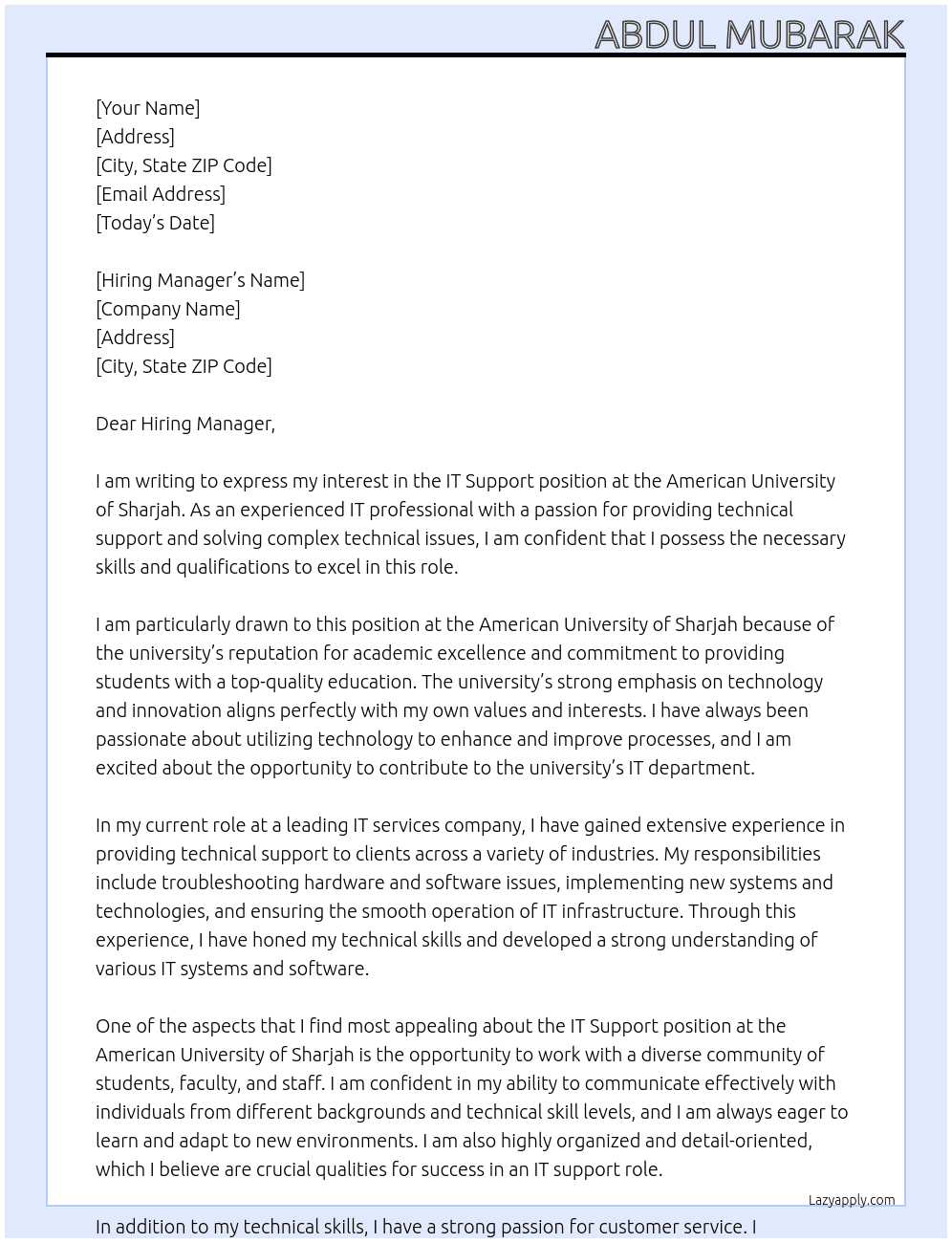 IT Support At American University of Sharjah Cover Letter