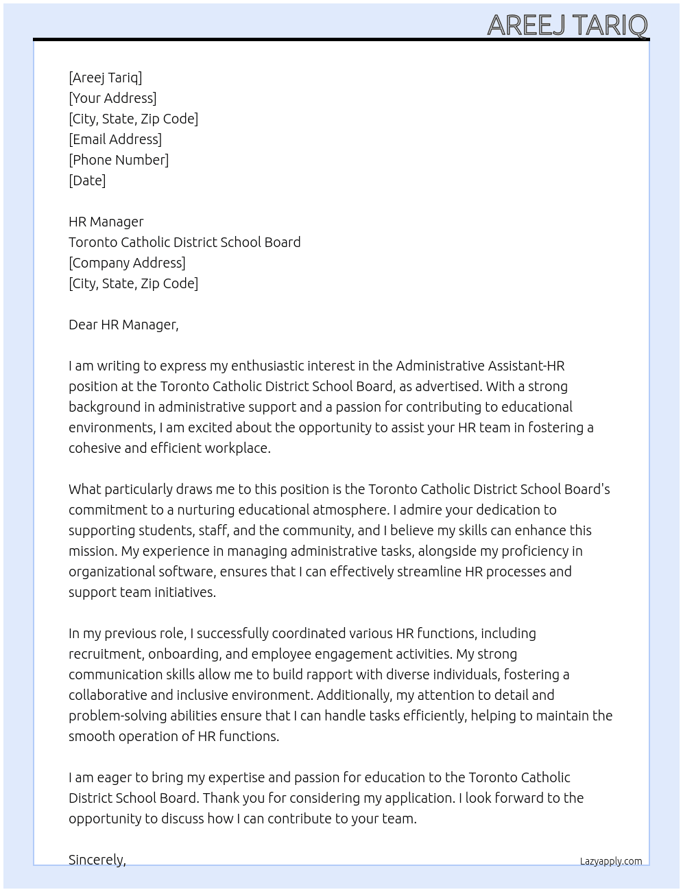 Administrative Assistant-HR At Toronto Catholic District School Board Cover Letter