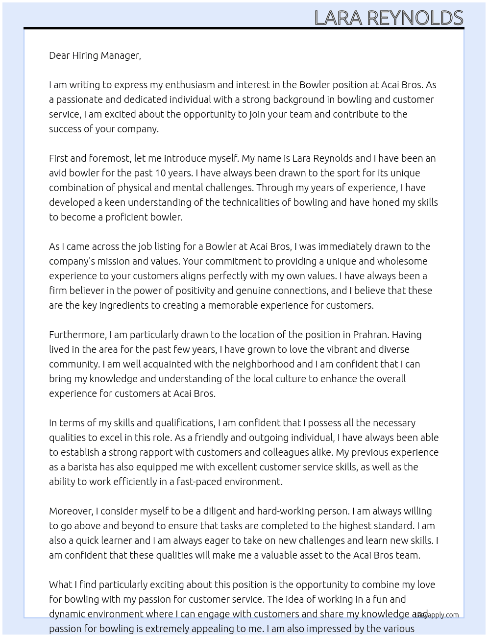 Bowler At Acai Bros Cover Letter