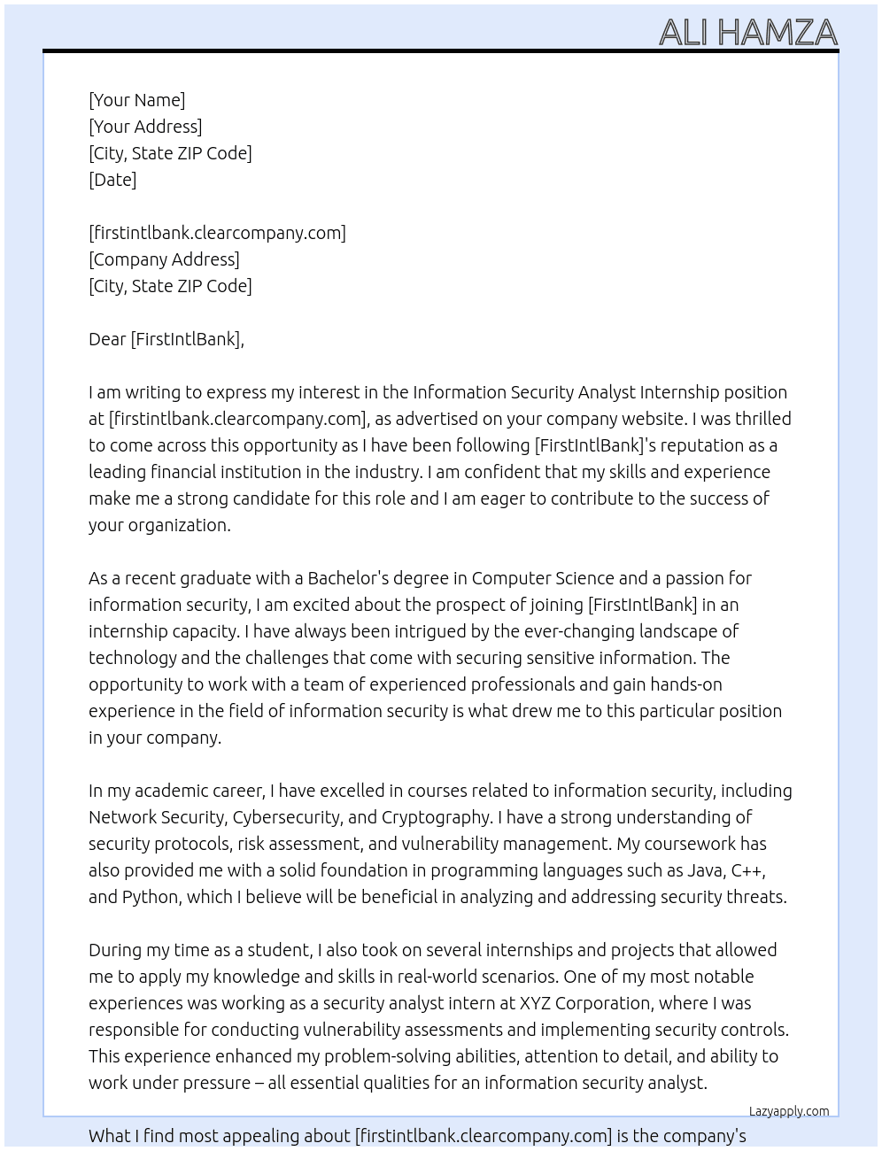 Information Security Analyst Internship At firstintlbank.clearcompany.com Cover Letter