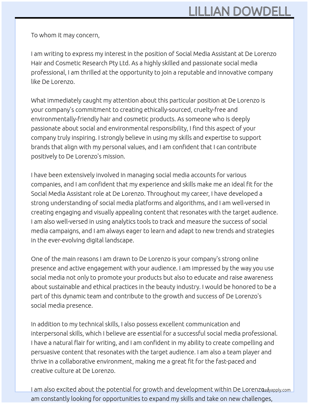 Social Media Assistant  At De Lorenzo Hair and Cosmetic Research Pty Ltd.  Cover Letter