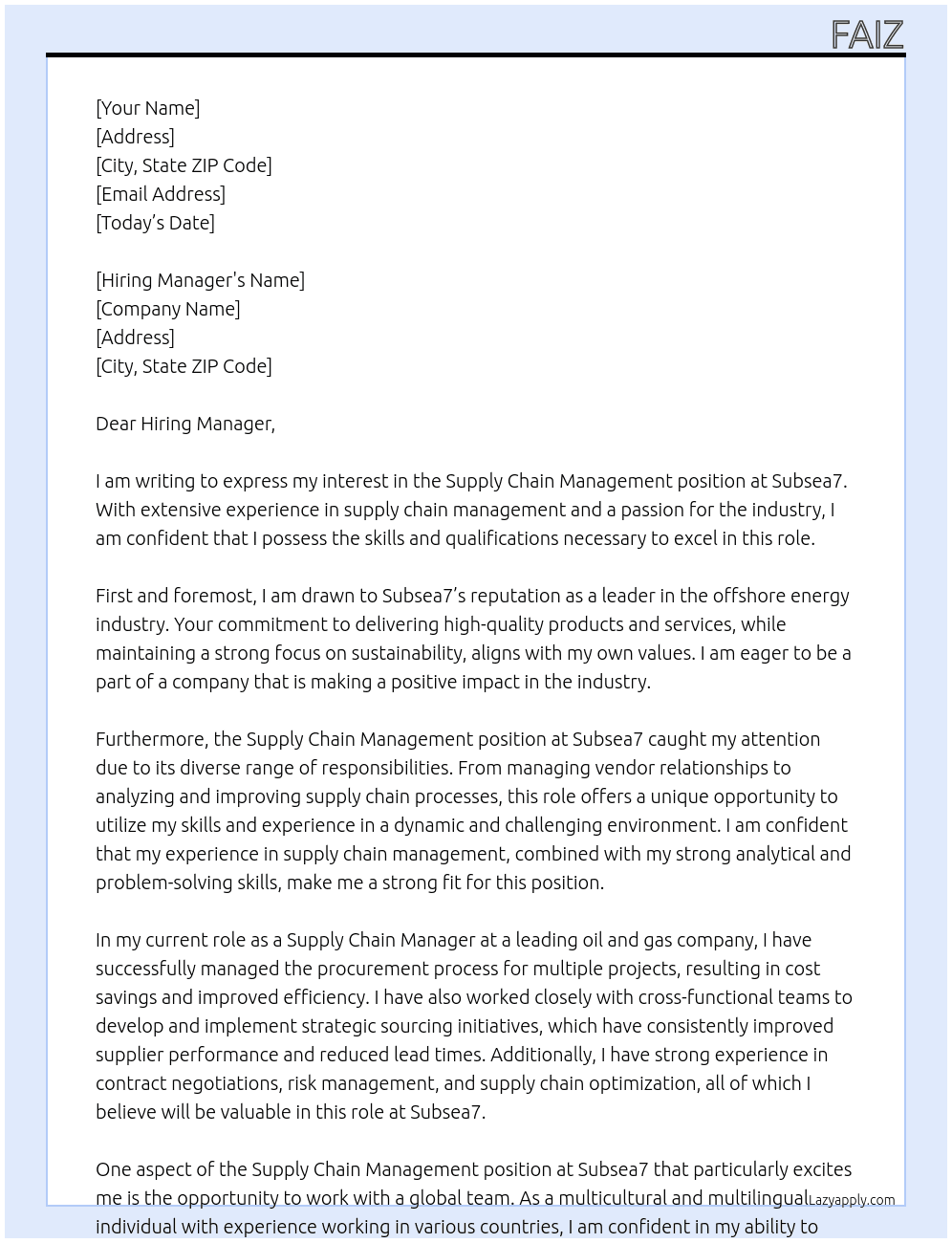 Supply Chain Management At Subsea7 Cover Letter