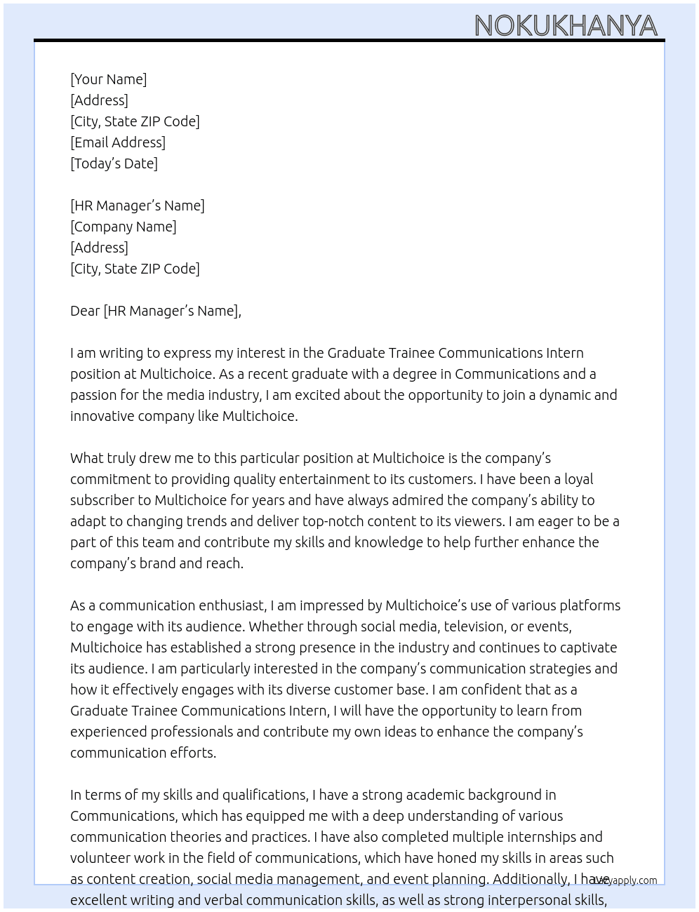 Graduate Trainee Communications Intern  At Multichoice  Cover Letter