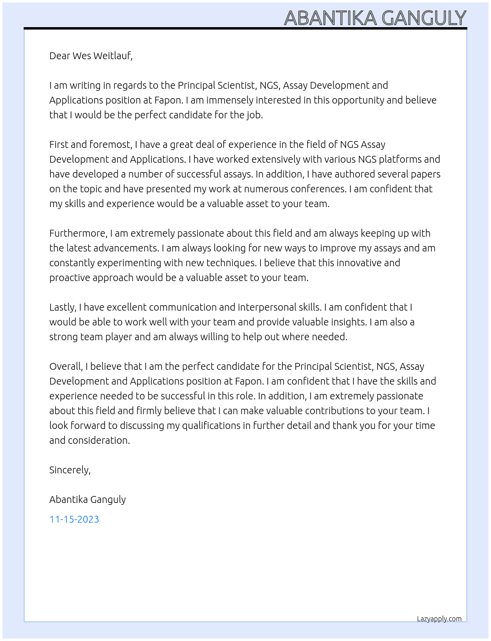 Principal Scientist, NGS, Assay Development and Applications At Fapon Cover Letter