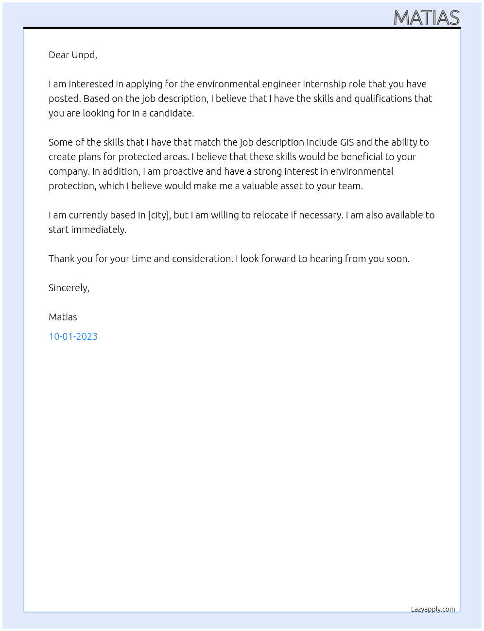 Environmental engineer  At Unpd Cover Letter