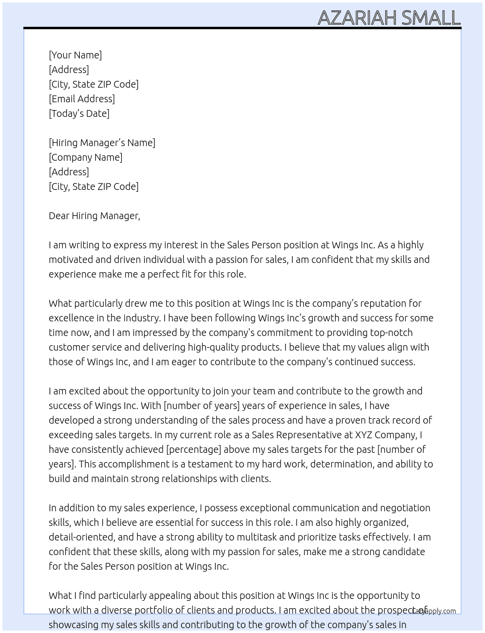 Sales Person At Wings Inc Cover Letter