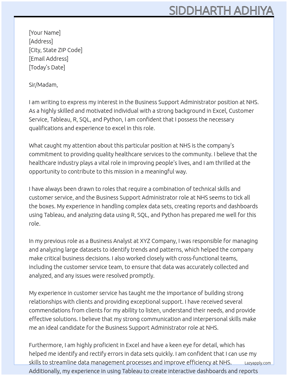 Business Support Administrator At NHS Cover Letter