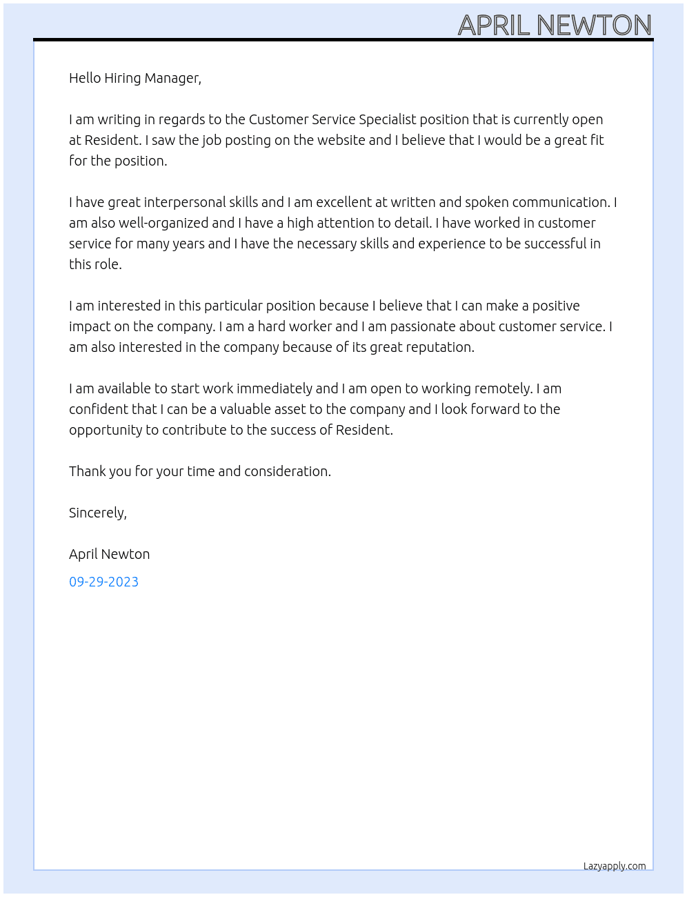 Customer Service Specialist At Resident Cover Letter