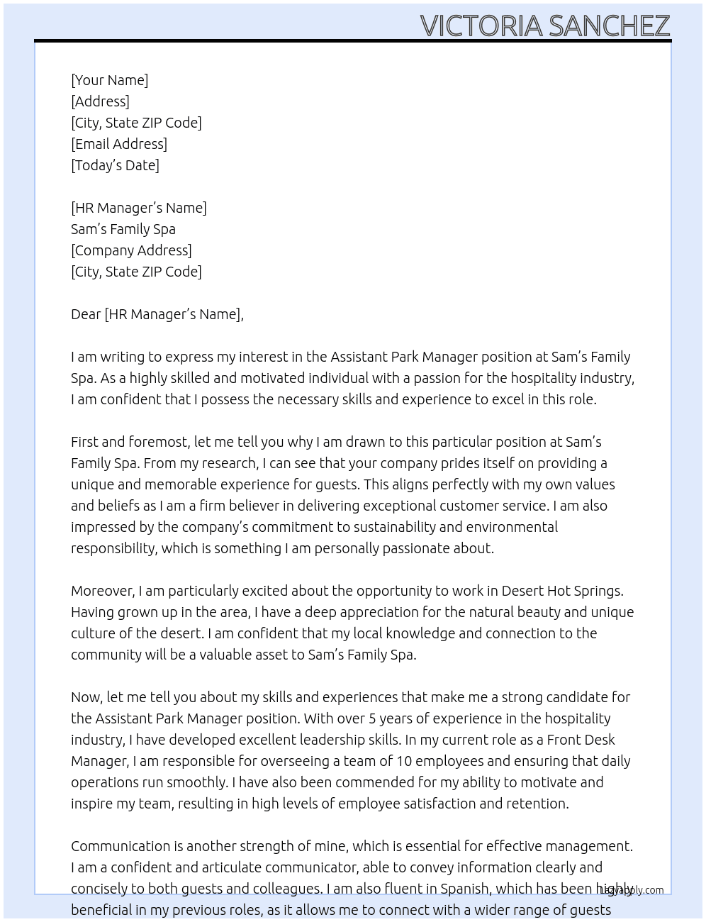 Assistant Park Manager At Sam’s Family Spa Cover Letter