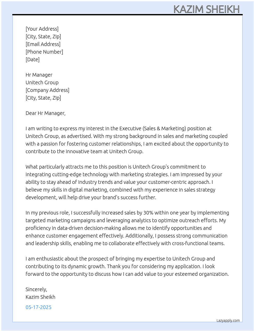 Cover letter for executive sales & marketing - LazyApply