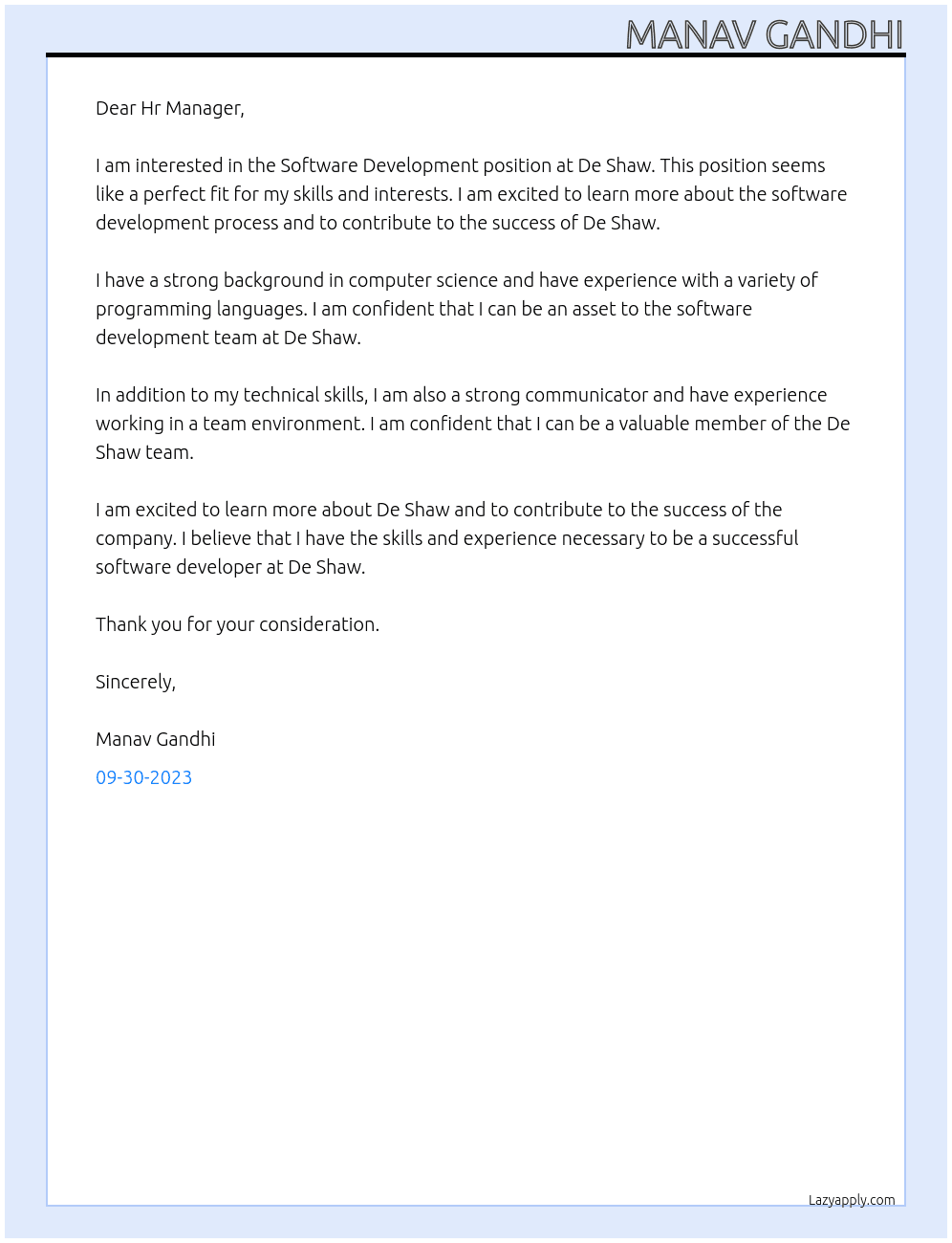 Software Development At De Shaw Cover Letter