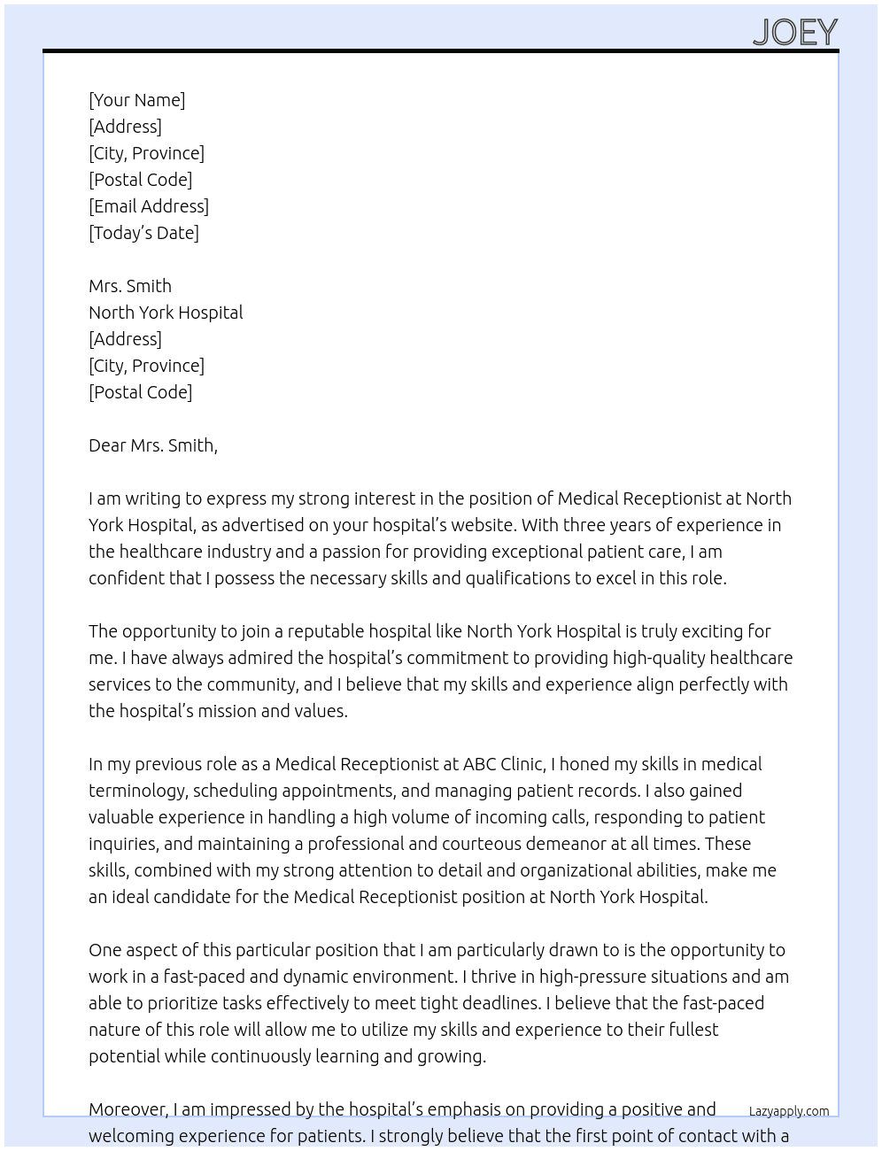 Medical Receptionist  At North York Hospital  Cover Letter