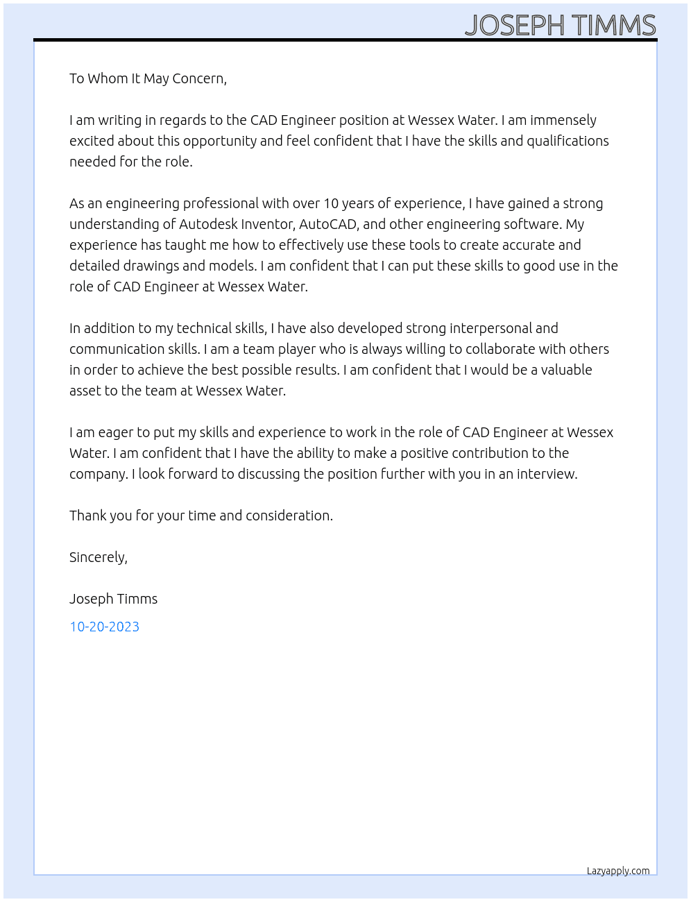CAD Engineer At Wessex Water Cover Letter