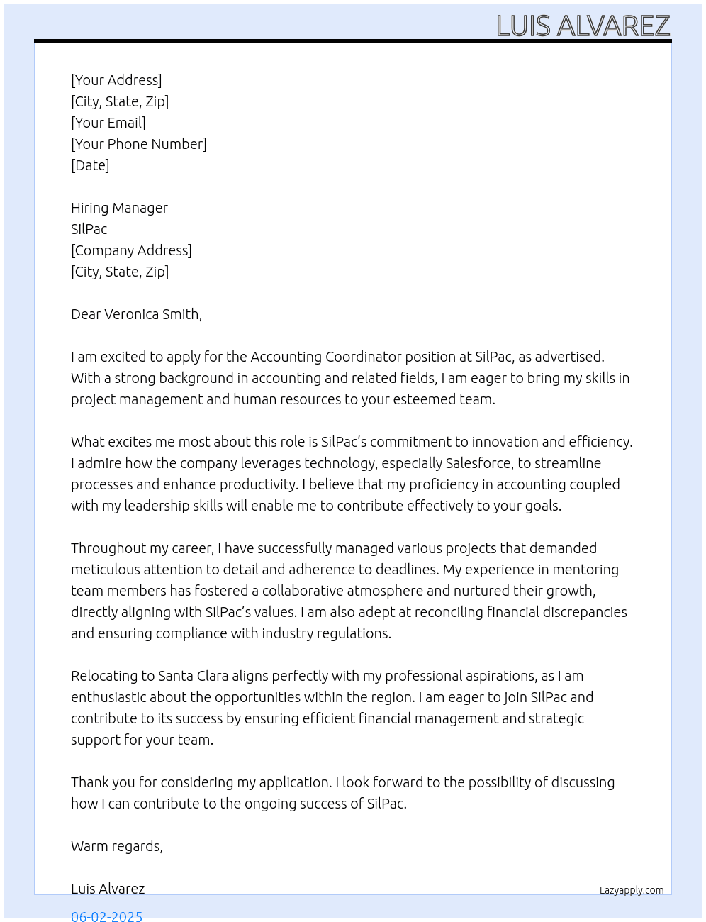 Accounting Coordinator At SilPac Cover Letter
