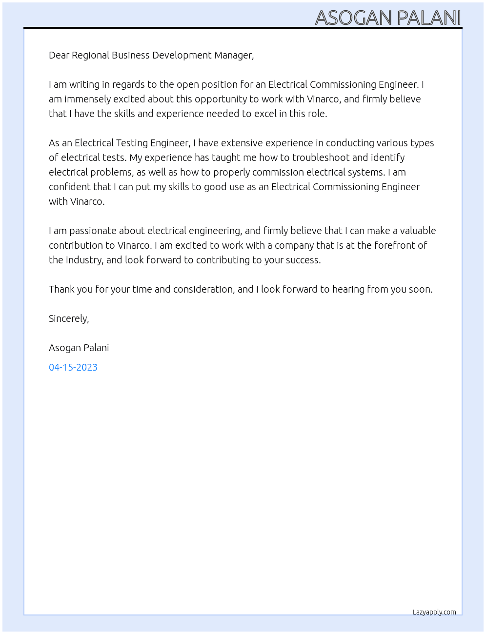 Electrical Commissioning Engineer At Vinarco Cover Letter