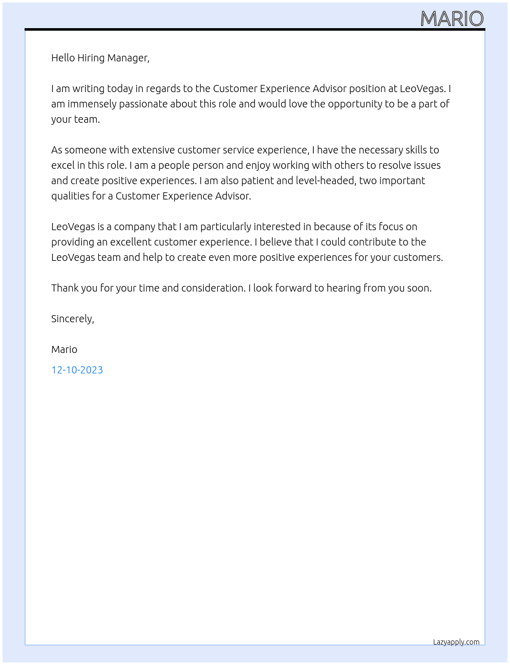 Customer Experience Advisor  At LeoVegas Cover Letter