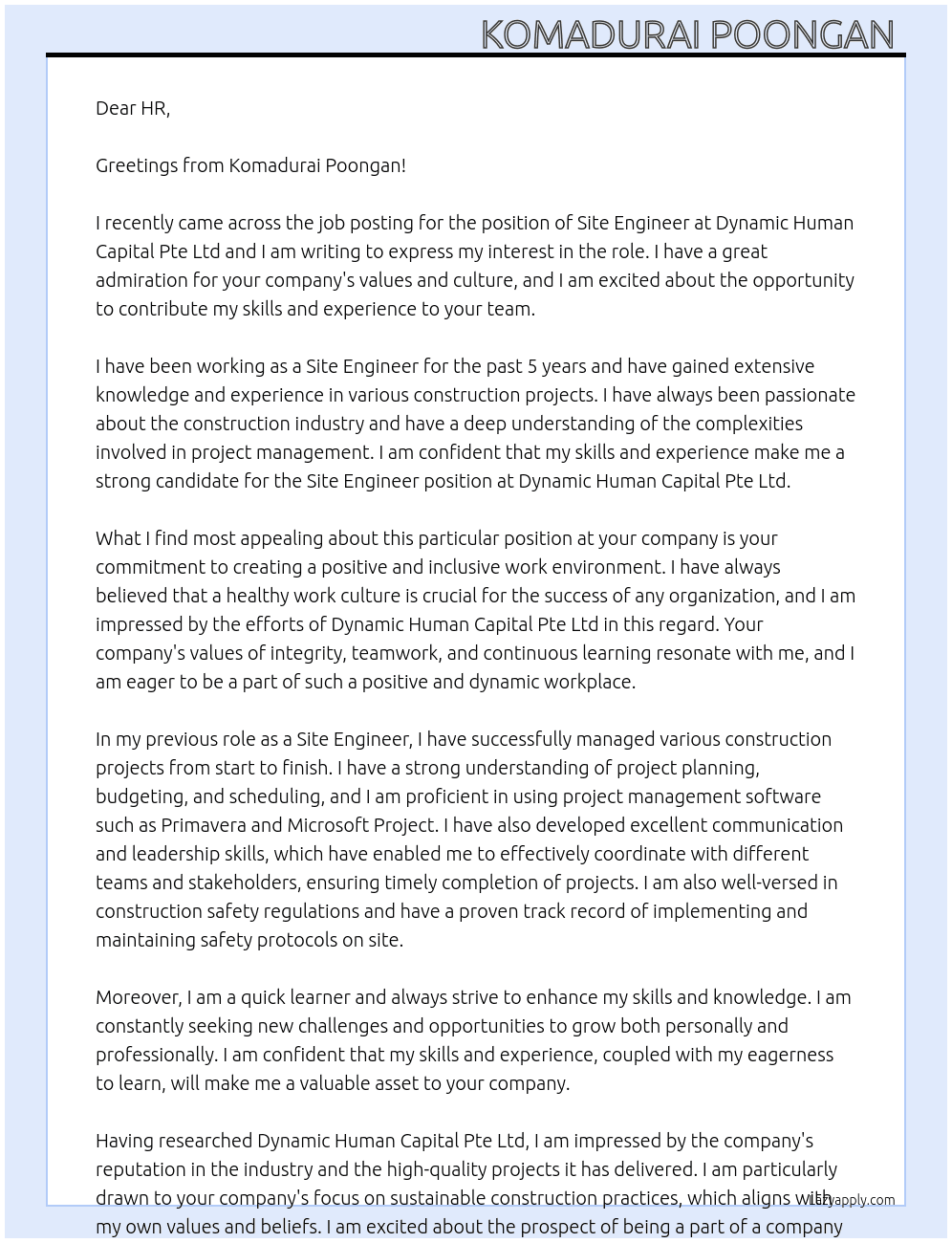 site engineer  At Dynamic Human Capital Pte Ltd Cover Letter
