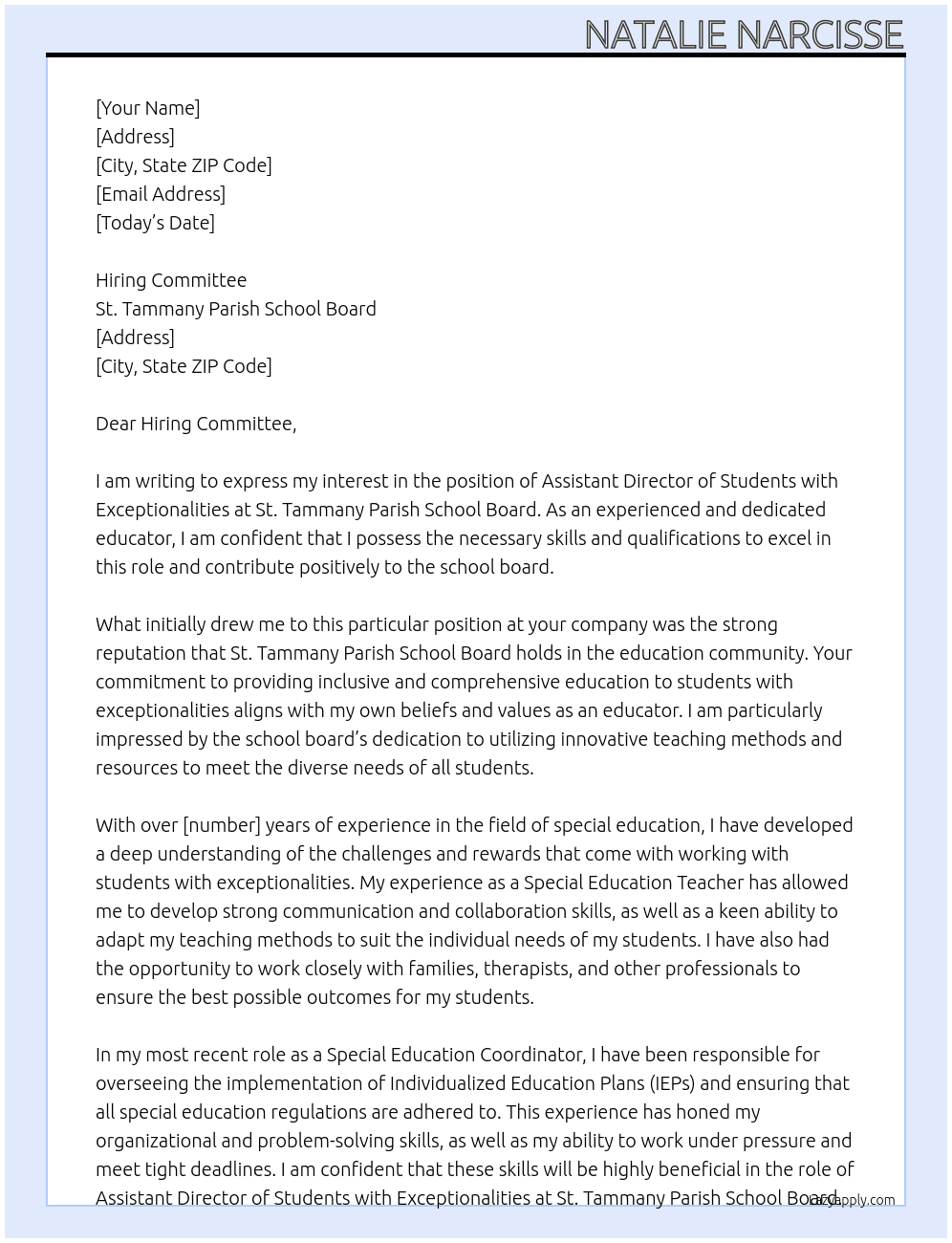 assistant director of students with exceptionalities  At St. Tammany Parish School Board Cover Letter