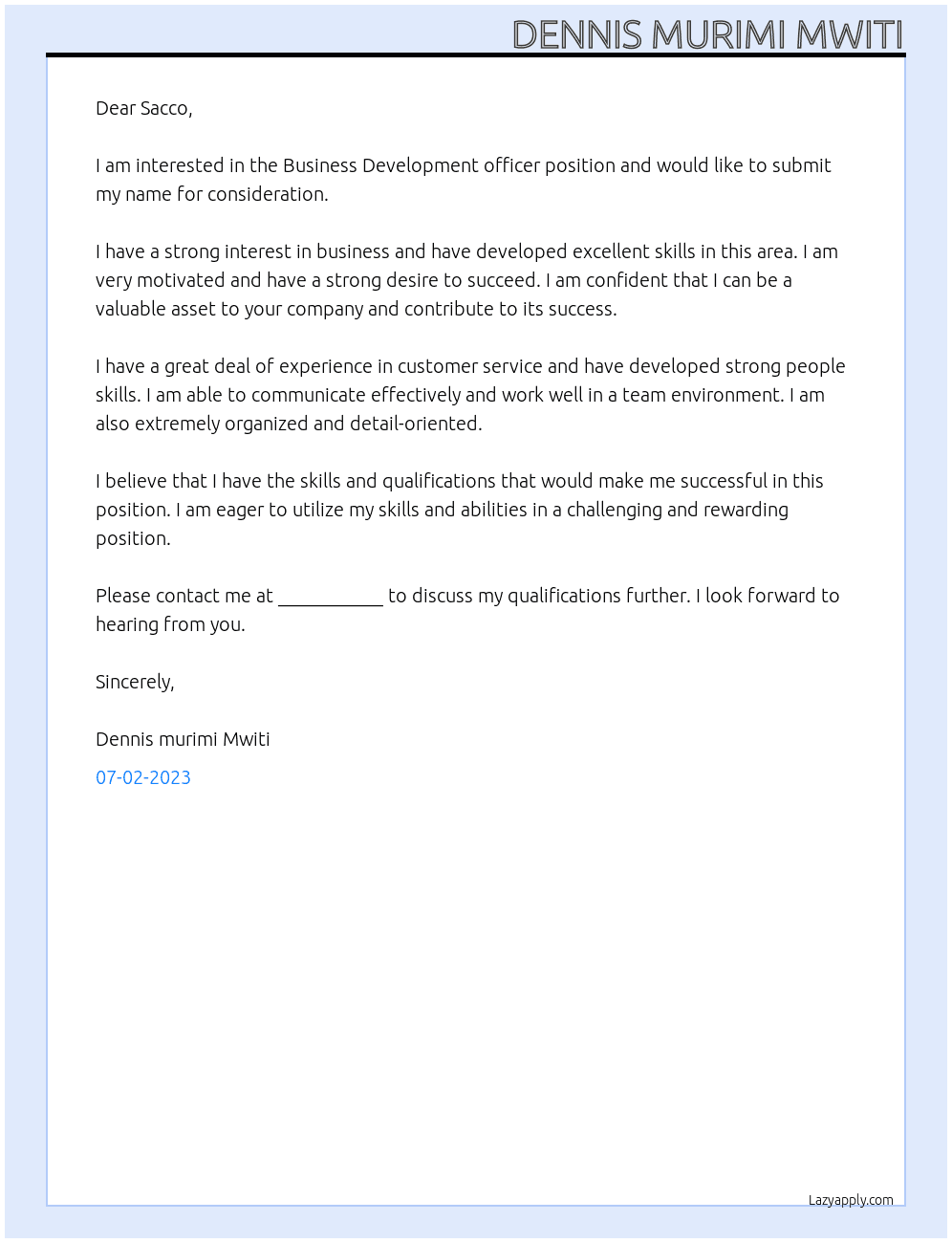 Business Development officer  At Sacco  Cover Letter