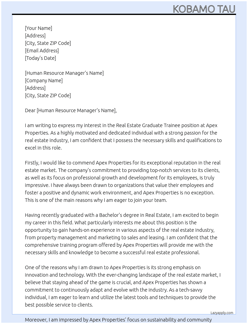 real estate graduate trainee  At apex propreties Cover Letter