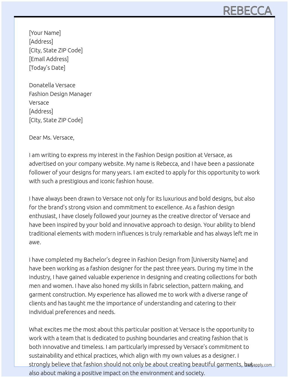 Fashion design  At Versace  Cover Letter