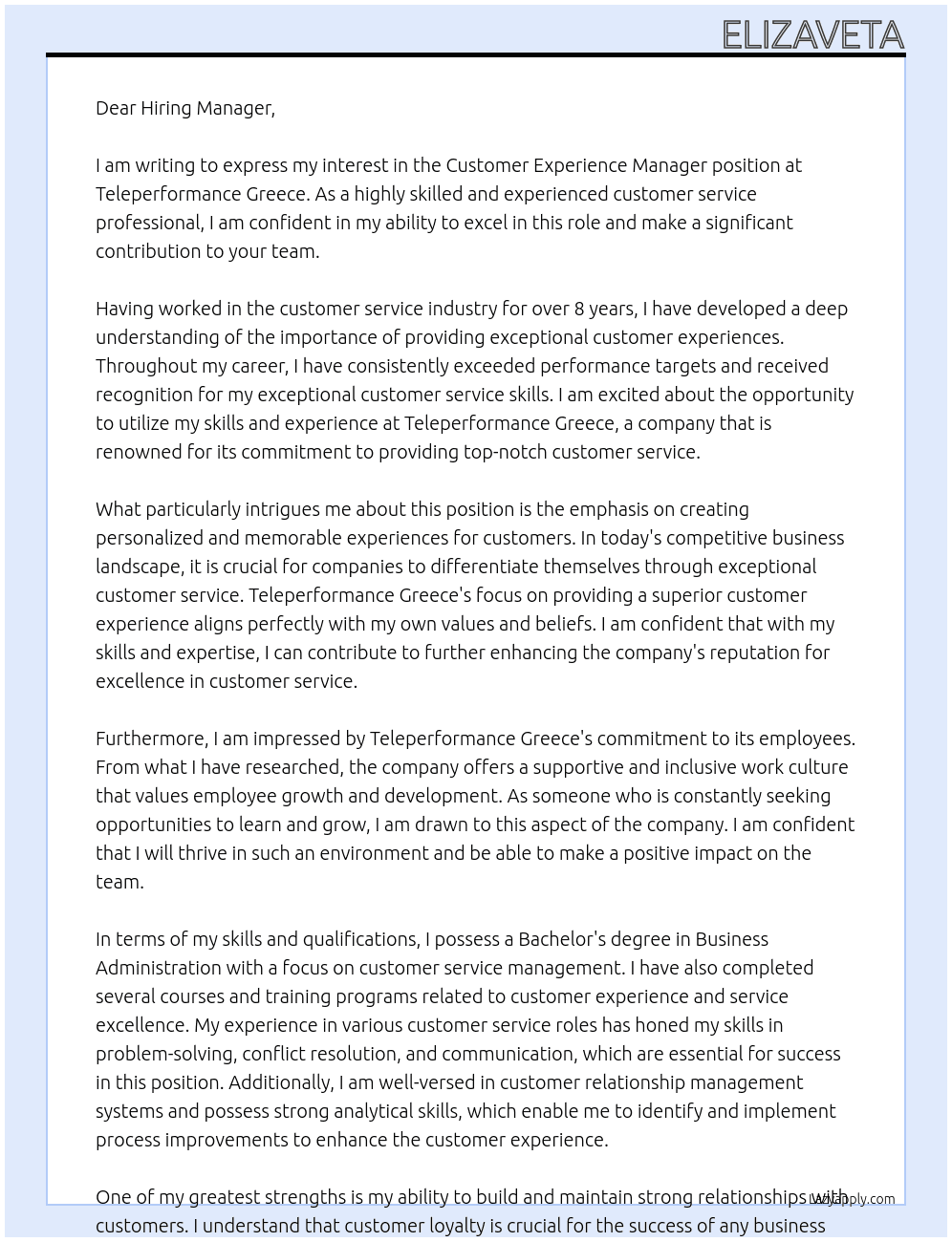 Customer experience manager At Teleperformance Greece Cover Letter