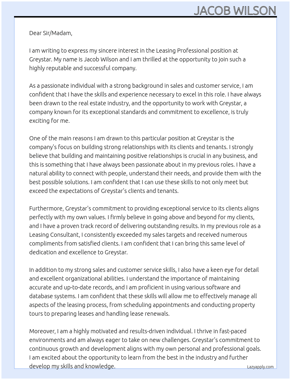 Leasing Professional At Greystar  Cover Letter