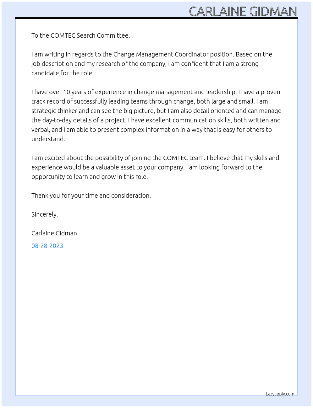 Change Management Coordinator At COMTEC Cover Letter