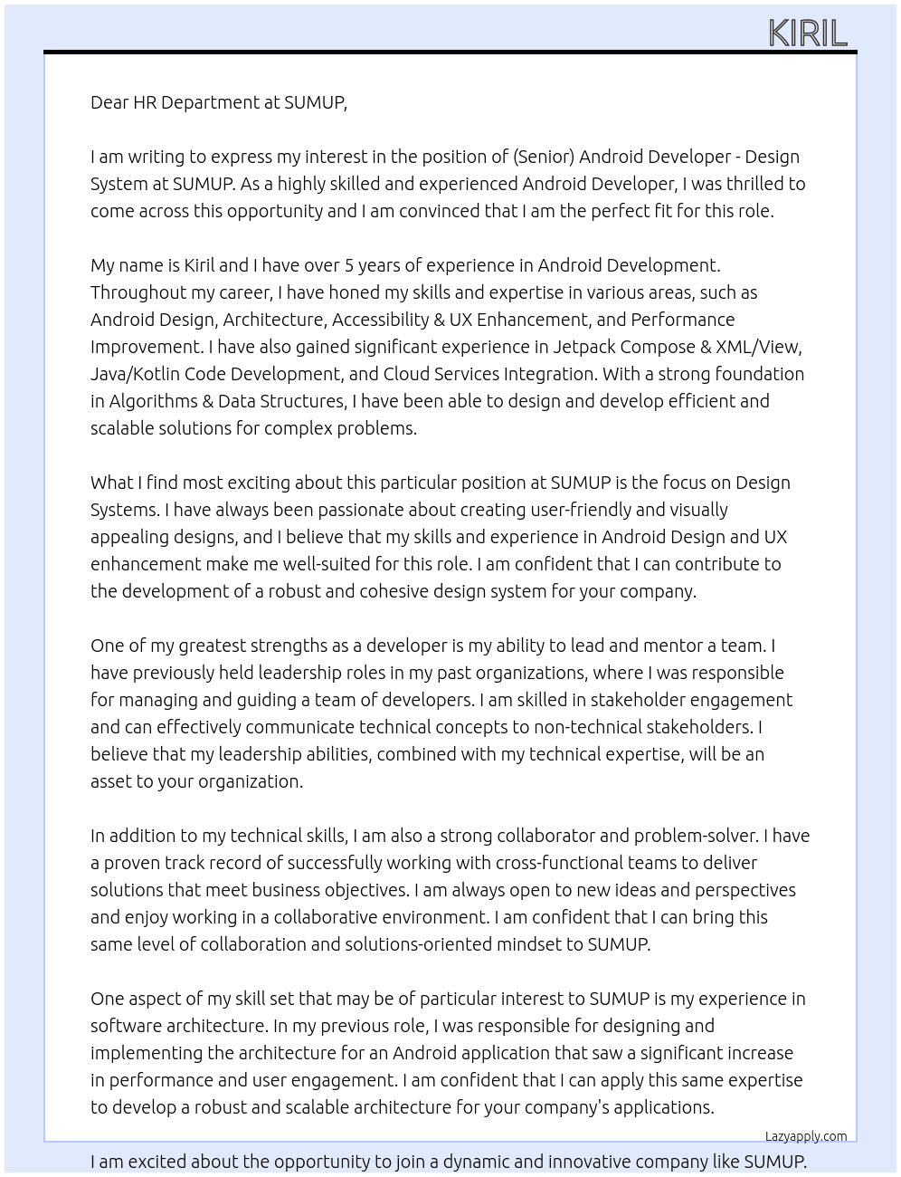 (Senior) Android Developer - Design System  At SUMUP Cover Letter