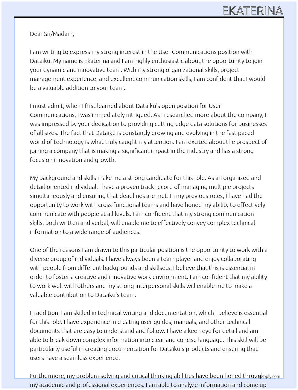 User Communications  At Dataiku Cover Letter