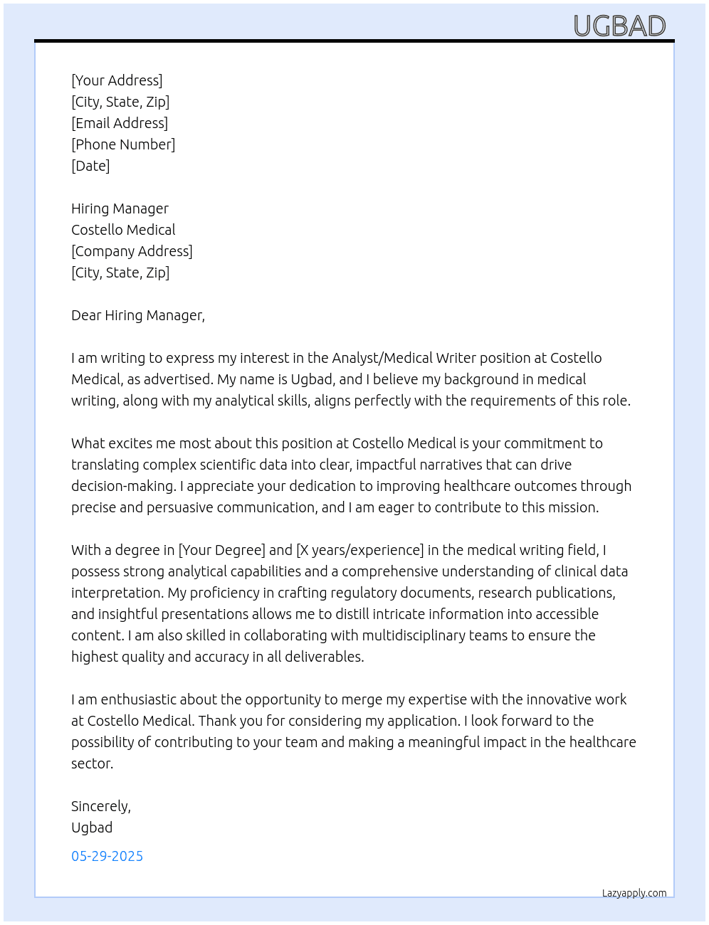 Analyst/medical wroter  At costello medical  Cover Letter