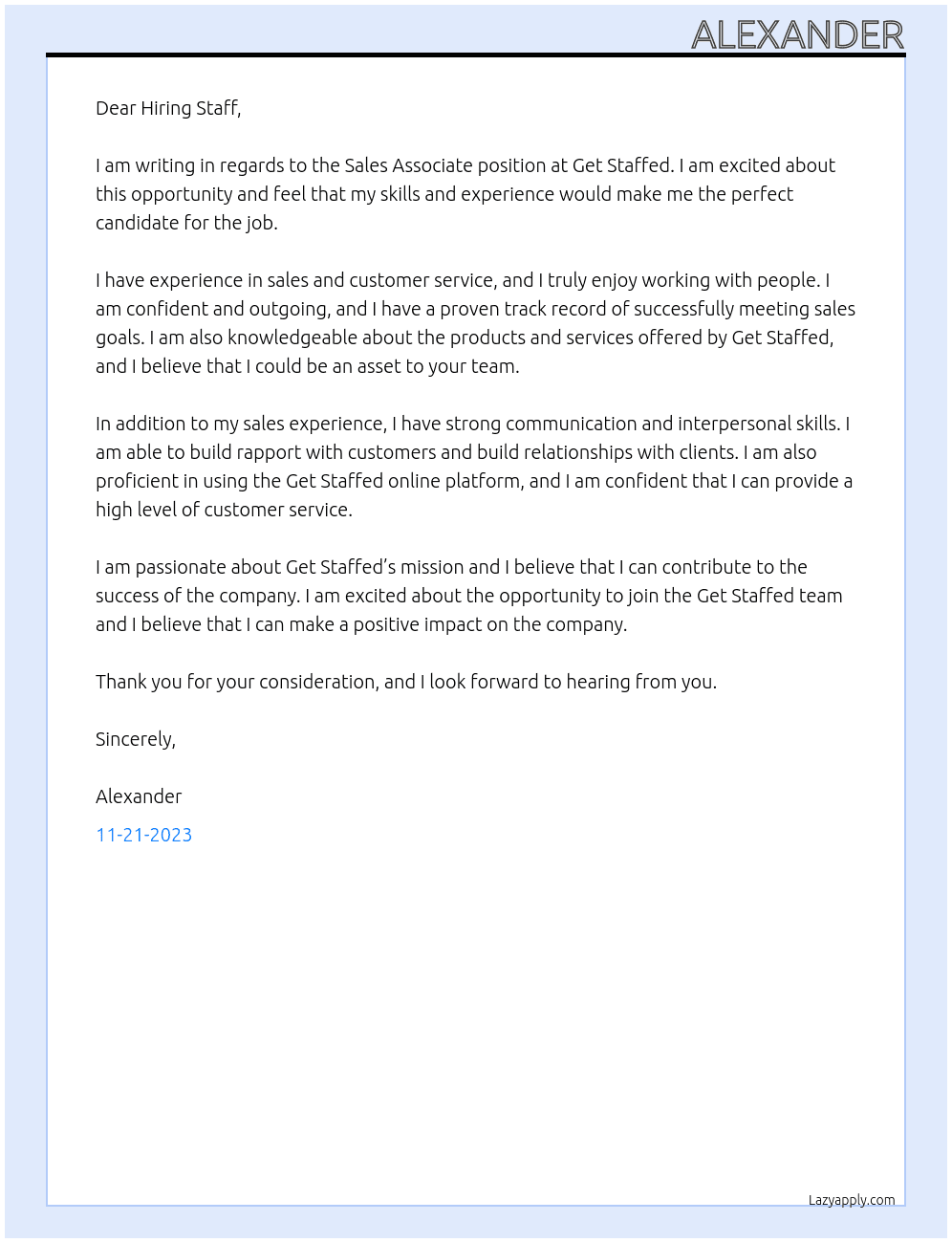 Sales Associate At Get Staffed Cover Letter