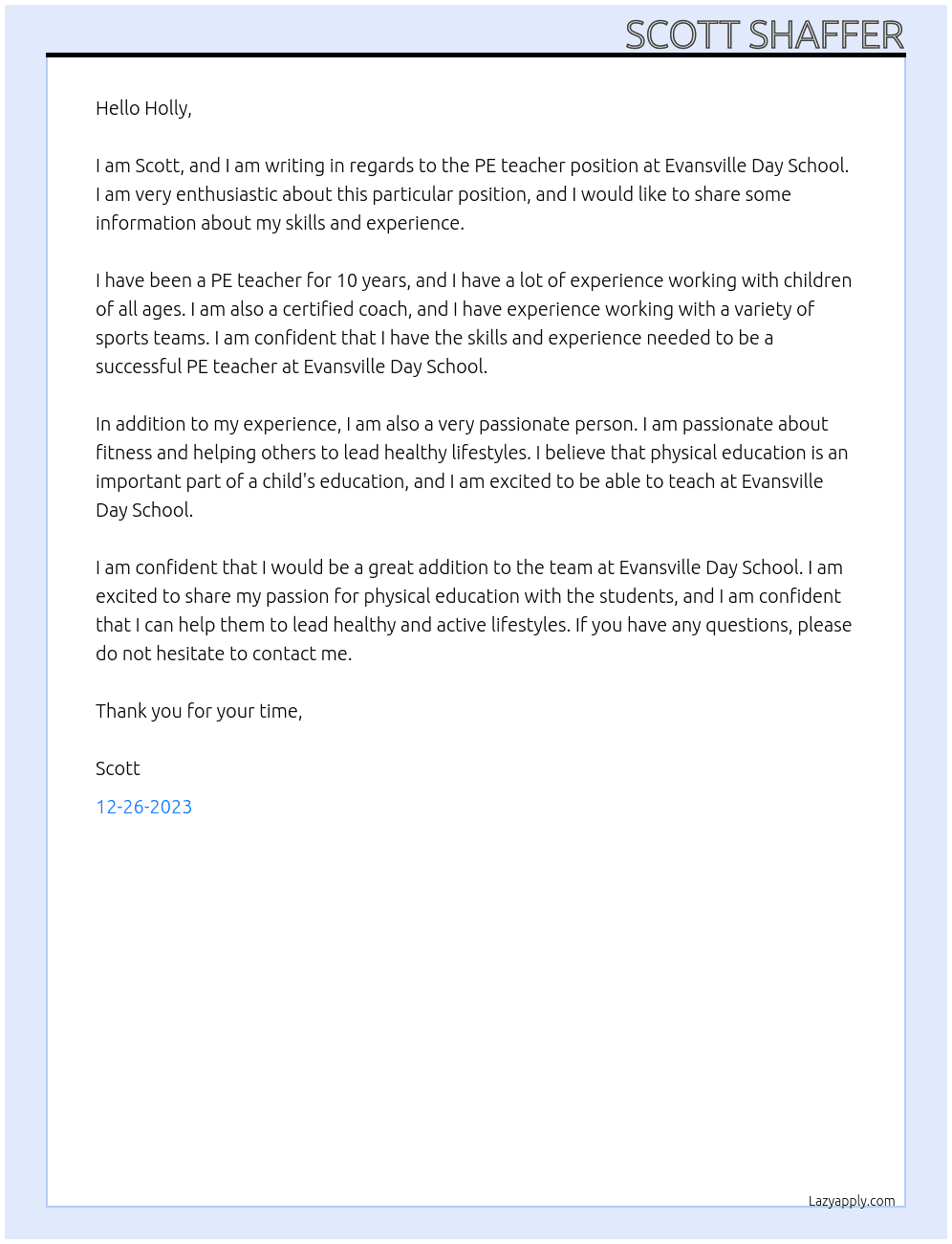 PE teacher At Evansville Day School Cover Letter