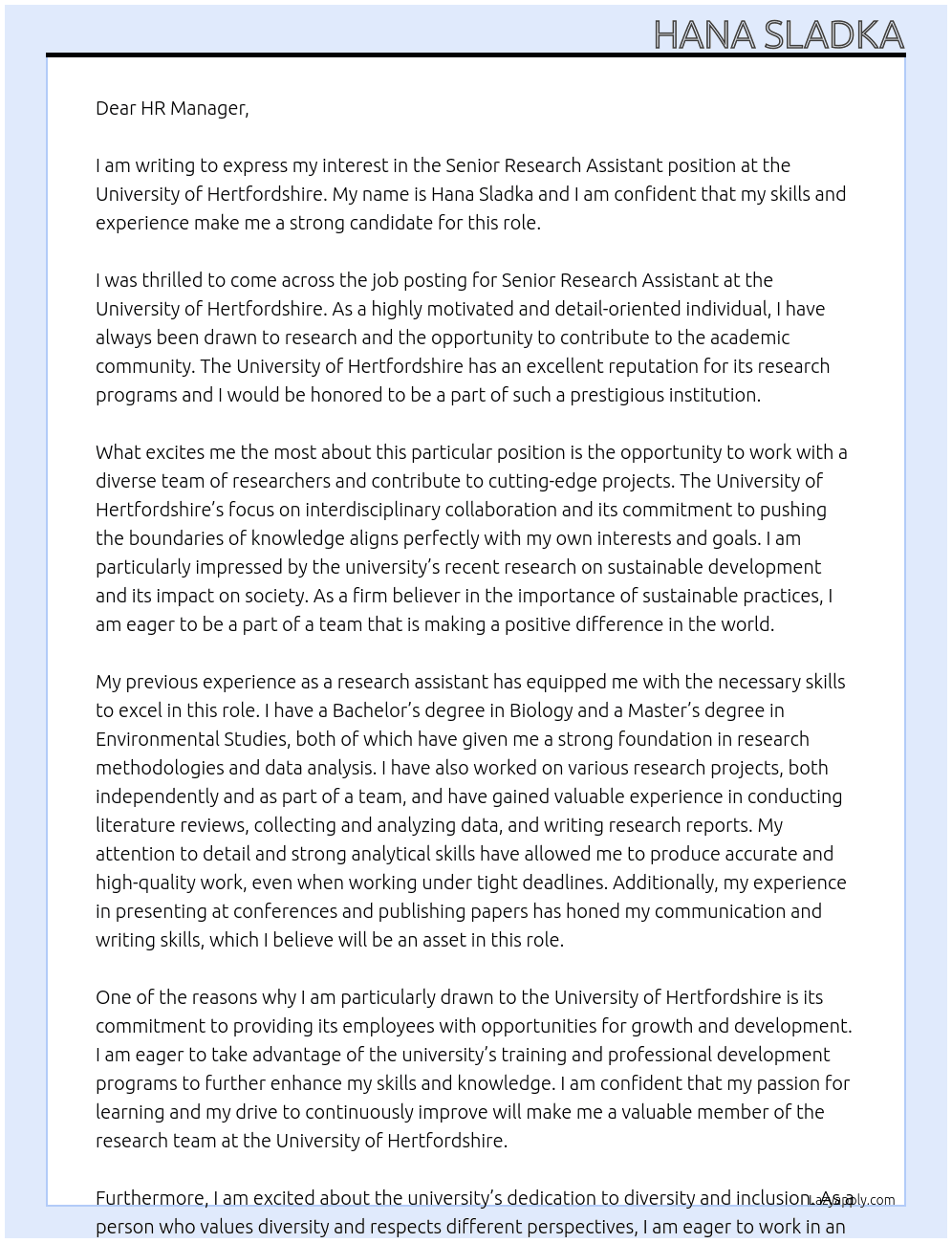 Senior research assistant At University of Hertfordshire Cover Letter