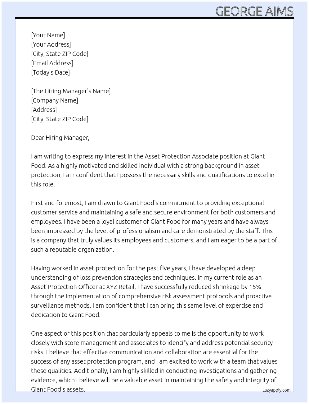 Asset protection Associate At Giant food  Cover Letter