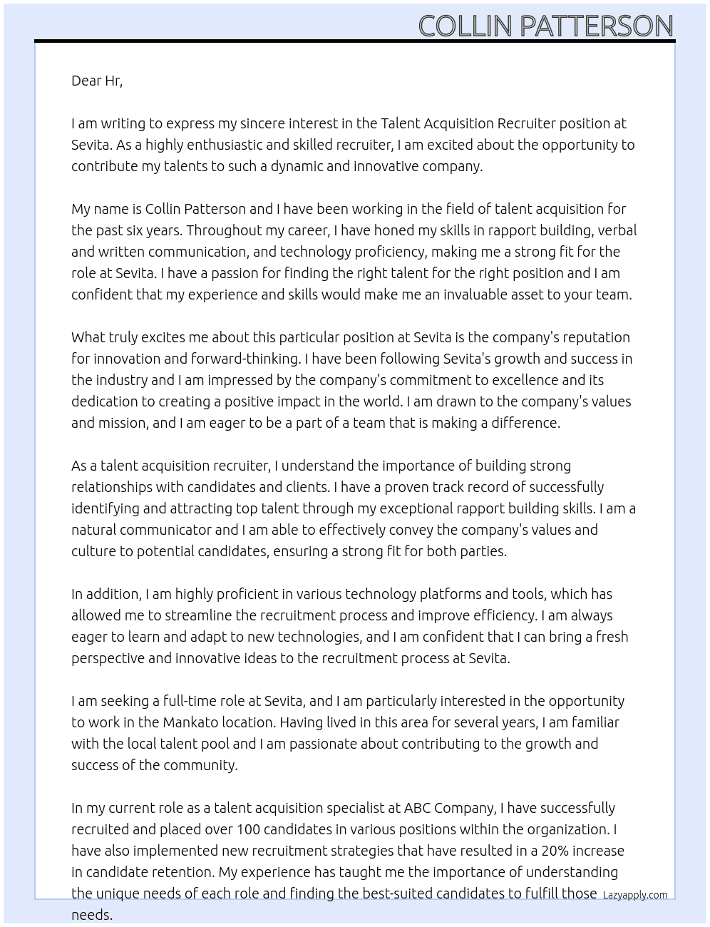 Talent Acquisition Recruiter  At Sevita Cover Letter