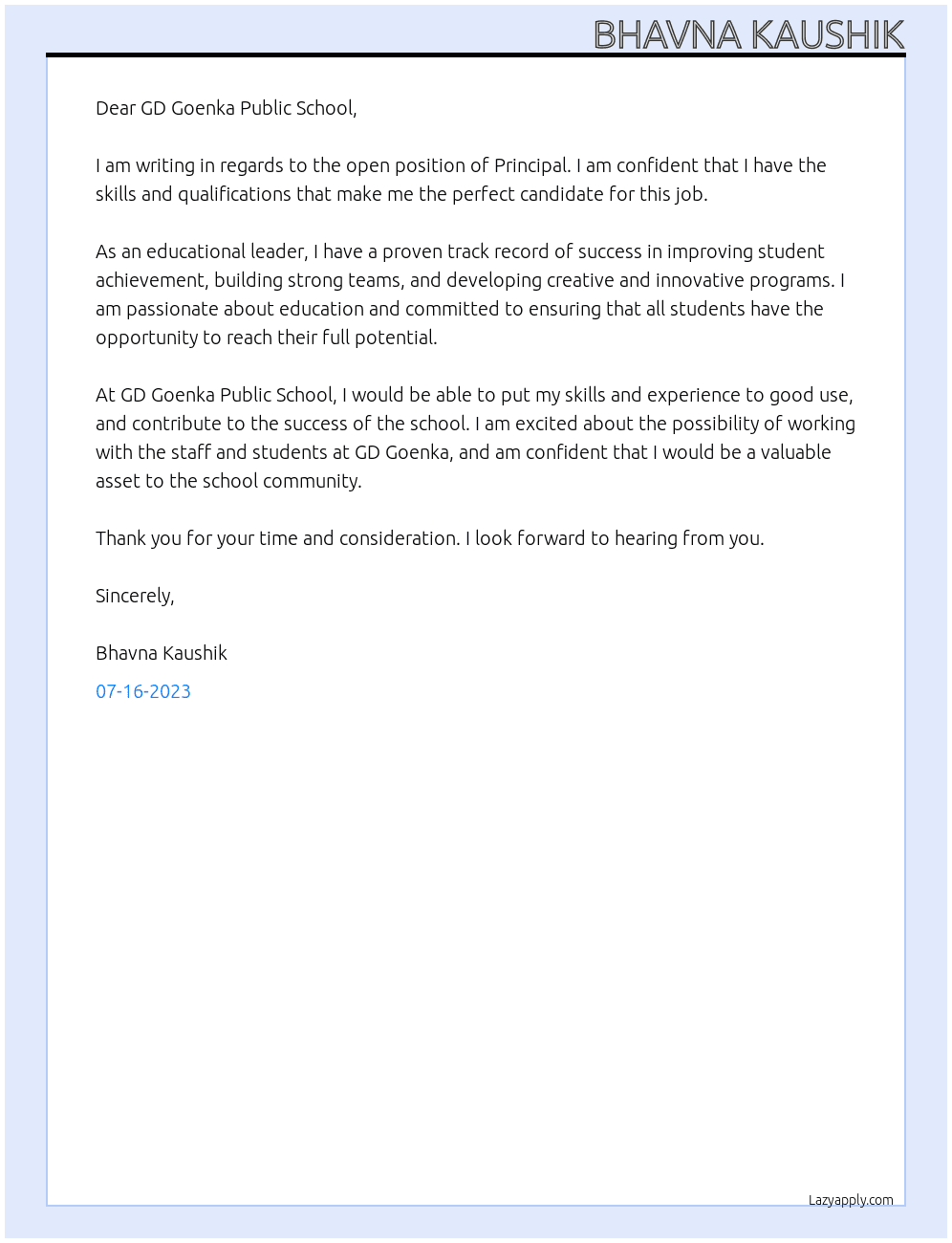 Principal At GD Goenka Public School Cover Letter