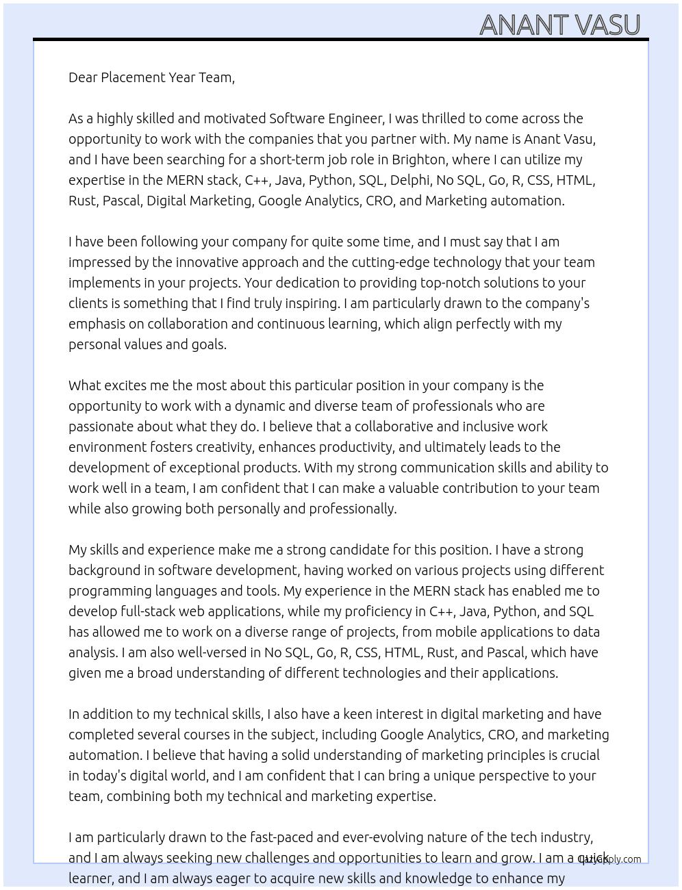 Software Engineer  At To the companies you partner with Cover Letter