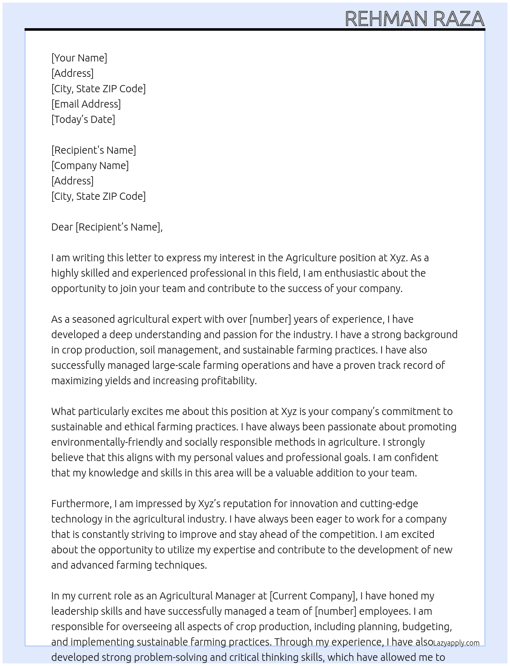 Agriculture At Xyz Cover Letter